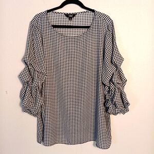 Slim Factor Blouse Women's‎ Size XL Black & White Checker Gingham Ruffle Sleeve